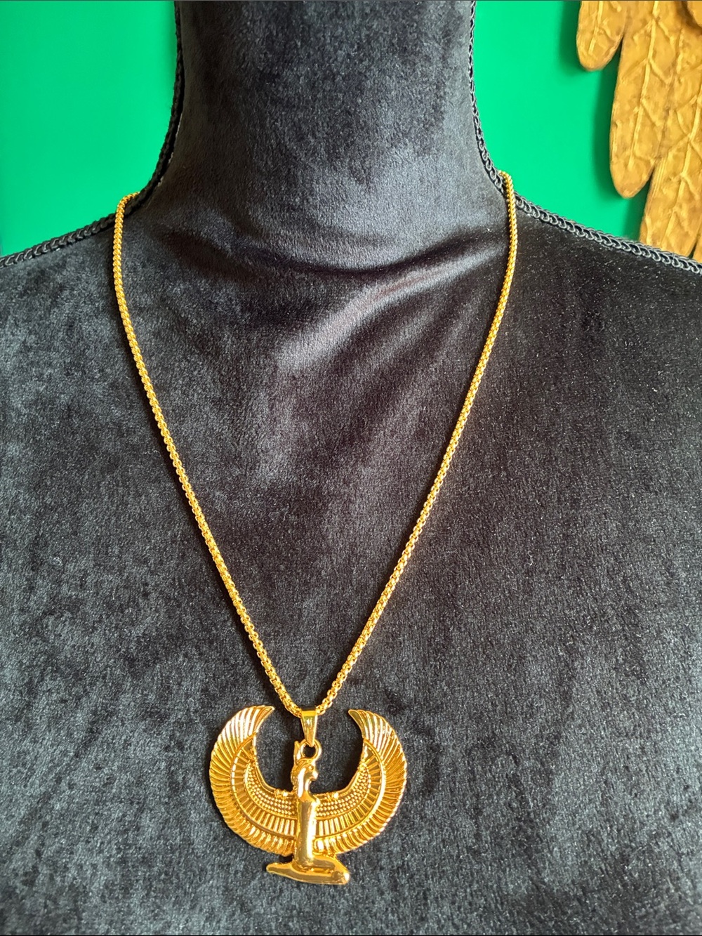 Egyptian Revival Style Winged Goddess Isis pendant necklace goldtone Mythology